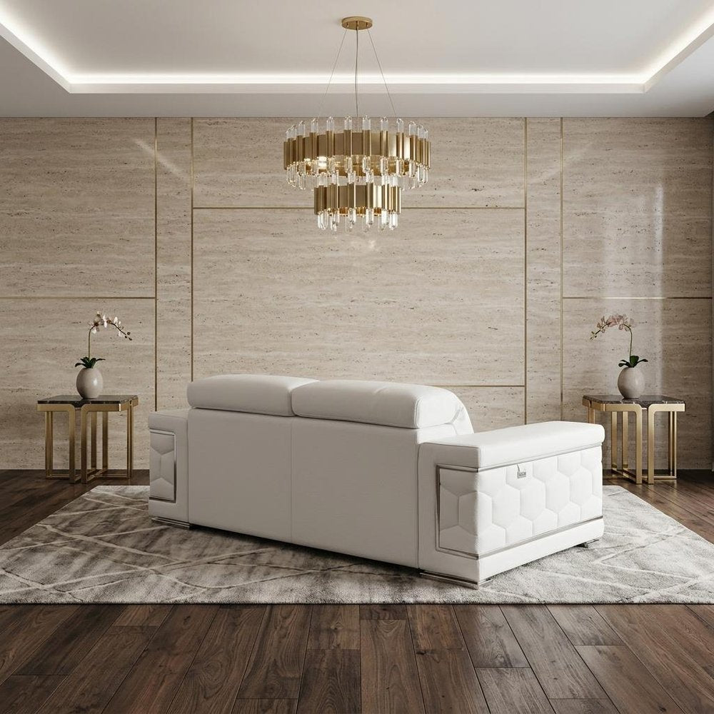 71" White Italian Leather Sofa With Silver Legs HomeRoots