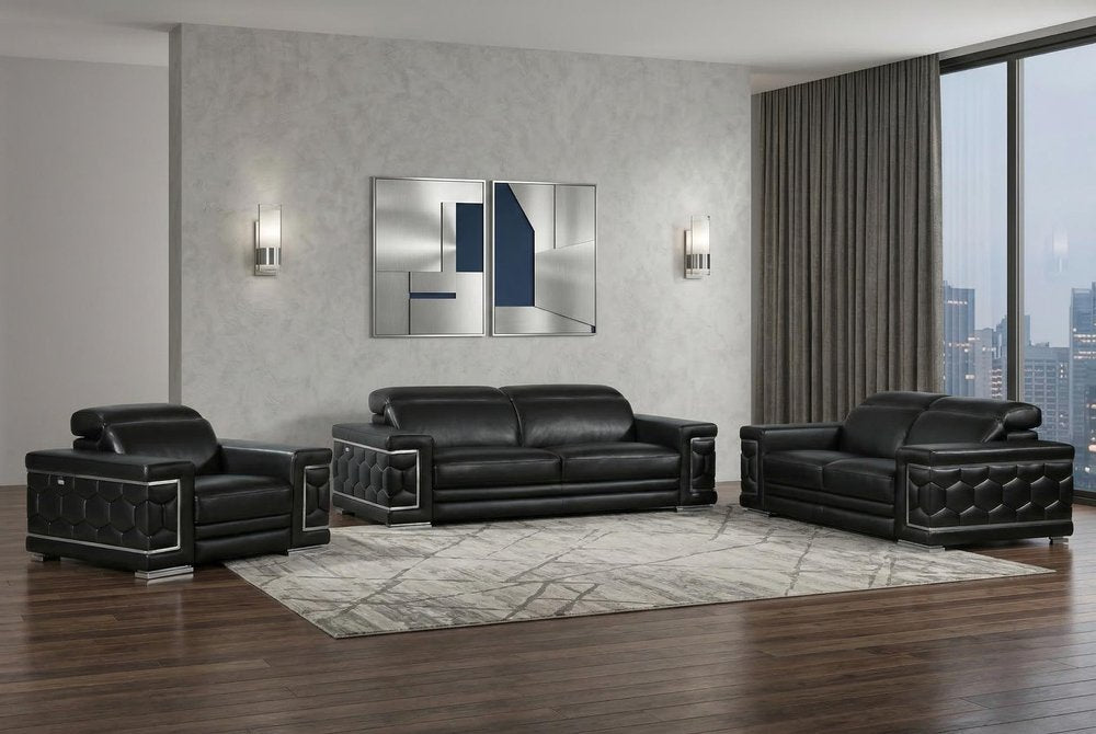 Three Piece Indoor Black Italian Leather Six Person Seating Set HomeRoots