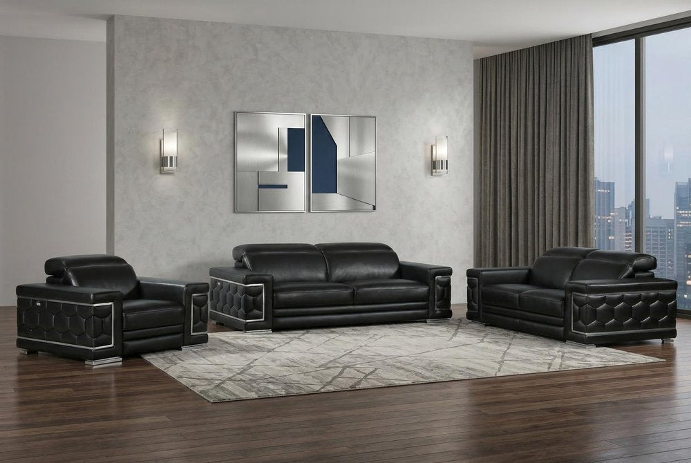 Three Piece Indoor Black Italian Leather Six Person Seating Set HomeRoots
