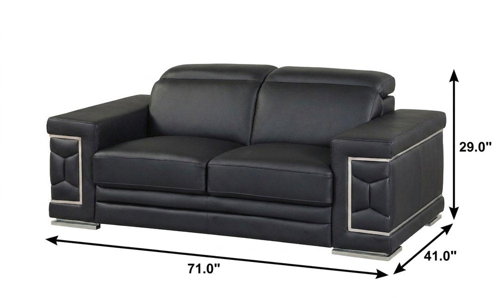 71" Black And Silver Genuine Leather Love Seat HomeRoots