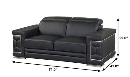 71" Black And Silver Genuine Leather Love Seat HomeRoots