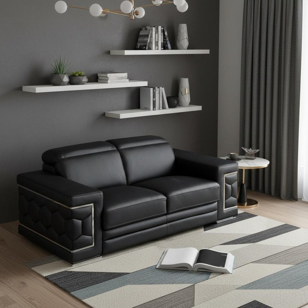 71" Black And Silver Genuine Leather Love Seat HomeRoots