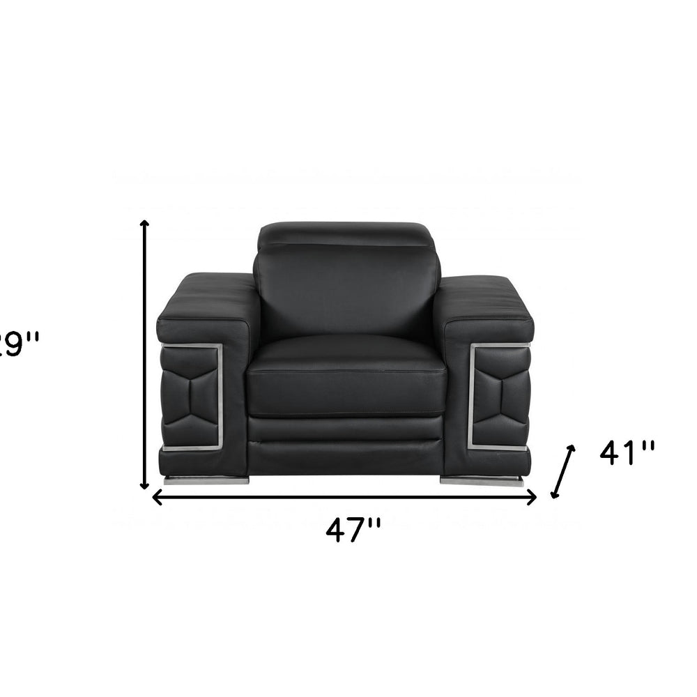 47" Black And Silver Genuine Leather Arm Chair HomeRoots