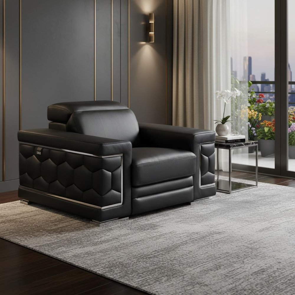 47" Black And Silver Genuine Leather Arm Chair HomeRoots