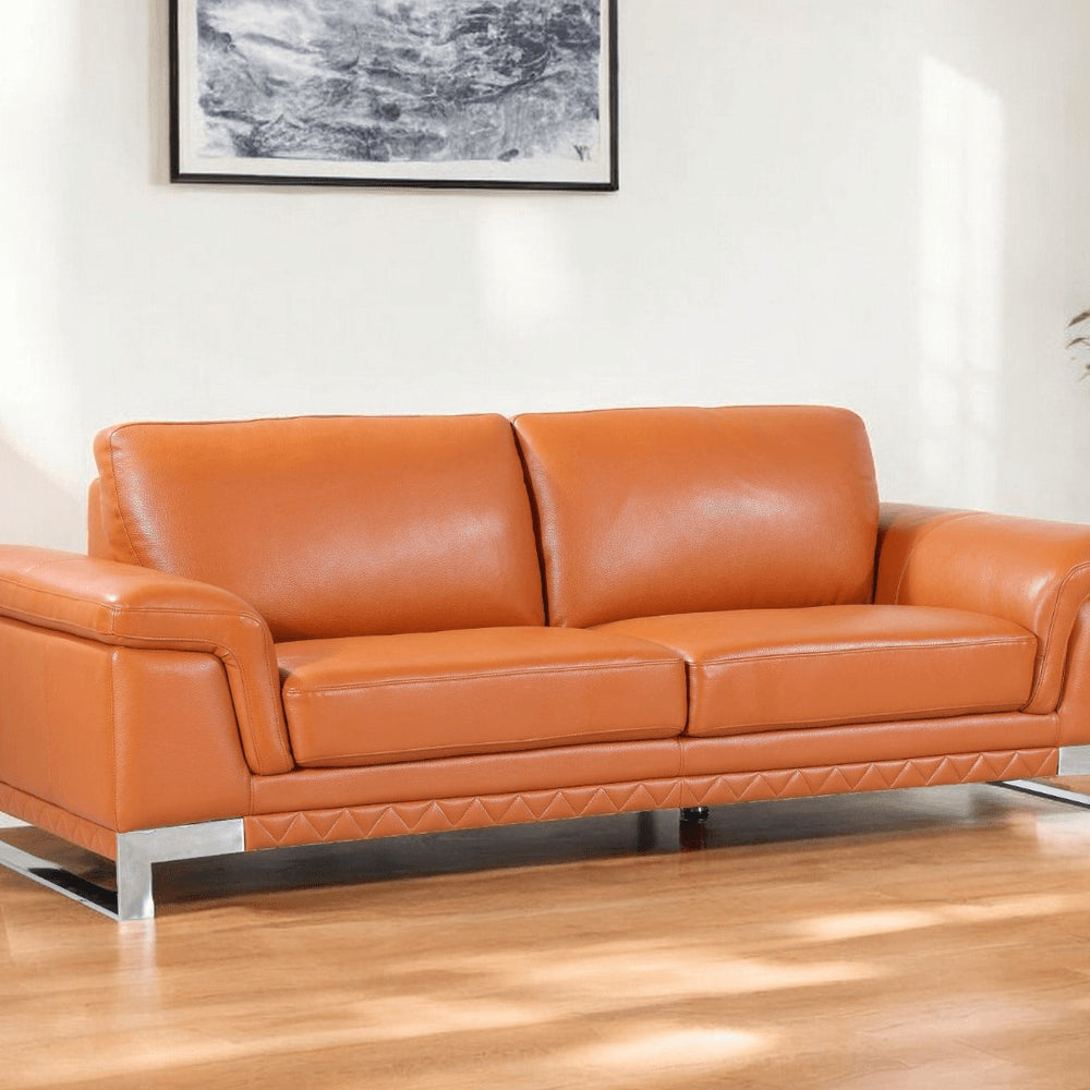 90" Orange Italian Leather Sofa With Silver Legs HomeRoots