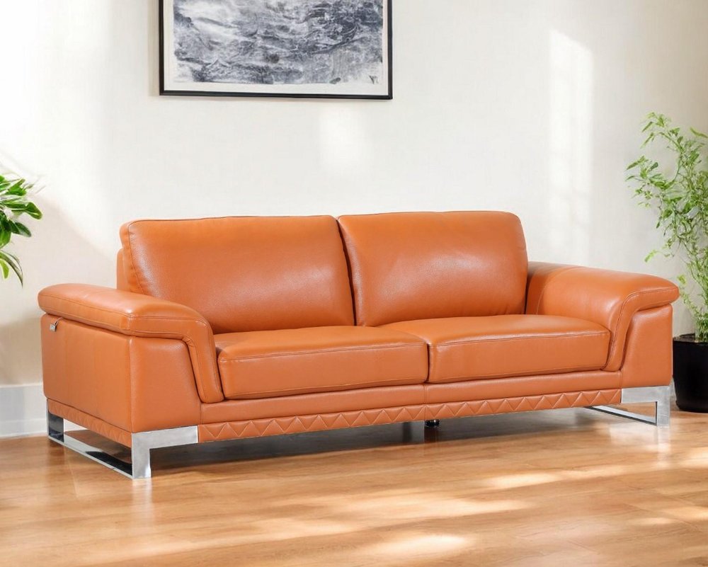 90" Orange Italian Leather Sofa With Silver Legs HomeRoots