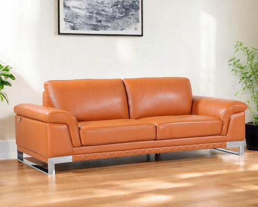 90" Orange Italian Leather Sofa With Silver Legs HomeRoots