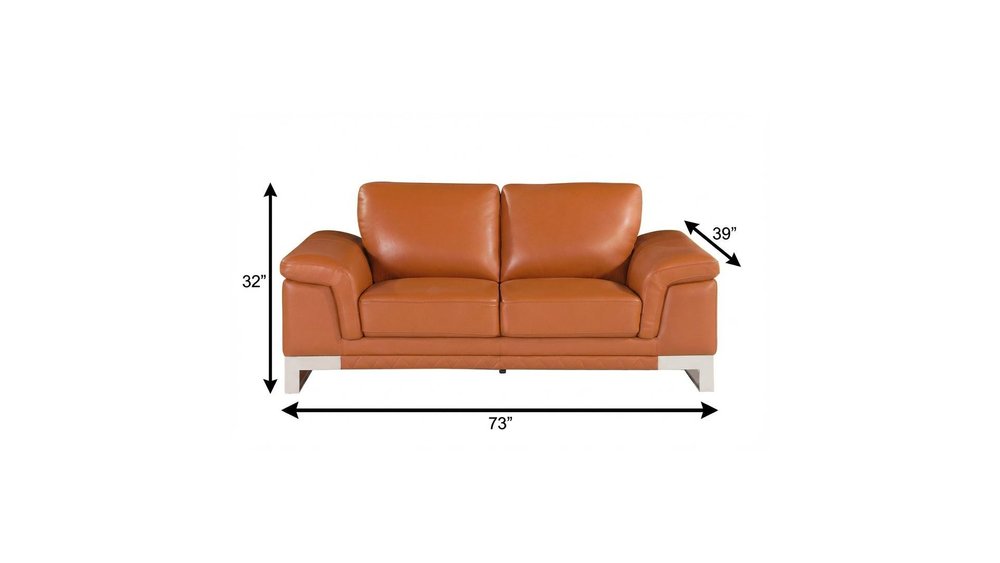 73" Camel And Silver Genuine Leather Loveseat HomeRoots