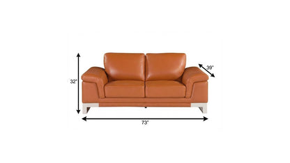 73" Camel And Silver Genuine Leather Loveseat HomeRoots