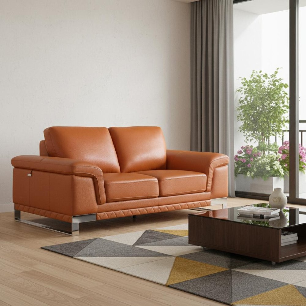 73" Camel And Silver Genuine Leather Loveseat HomeRoots