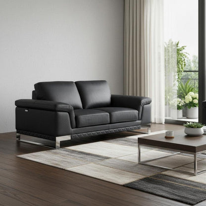 73" Black And Silver Genuine Leather Love Seat HomeRoots