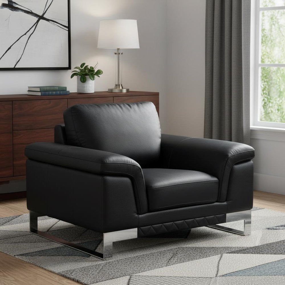 49" Black And Silver Genuine Leather Arm Chair HomeRoots