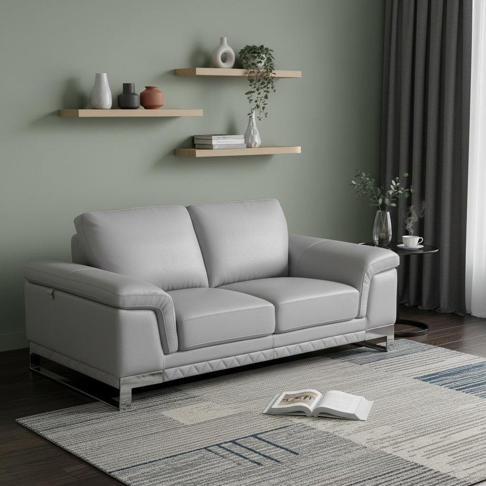73" Light Gray And Silver Genuine Leather Loveseat HomeRoots