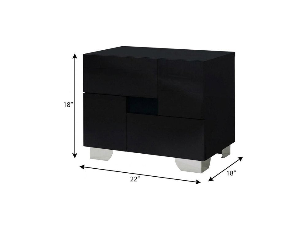 18" Black Wood And Mirrored Glass Two Drawer Nightstand HomeRoots