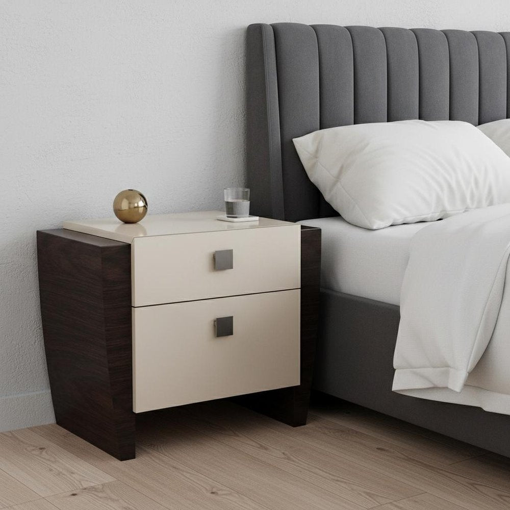 22" Beige and Dark Brown Two Drawer Wood Mirrored Nightstand With Storage HomeRoots