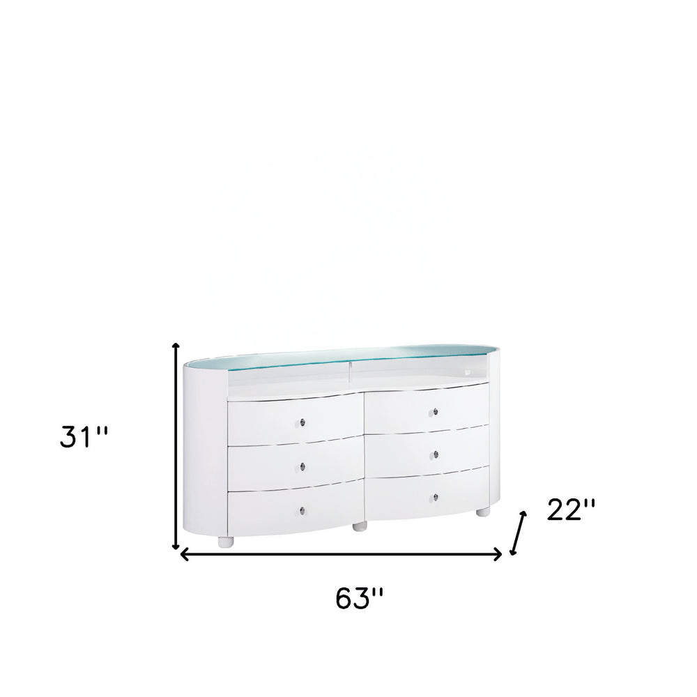 63" White Wood And Glass Six Drawer Double Dresser