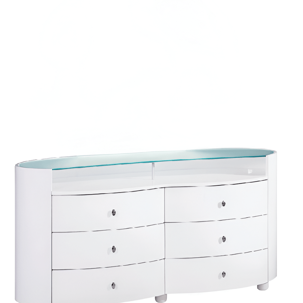 63" White Wood And Glass Six Drawer Double Dresser