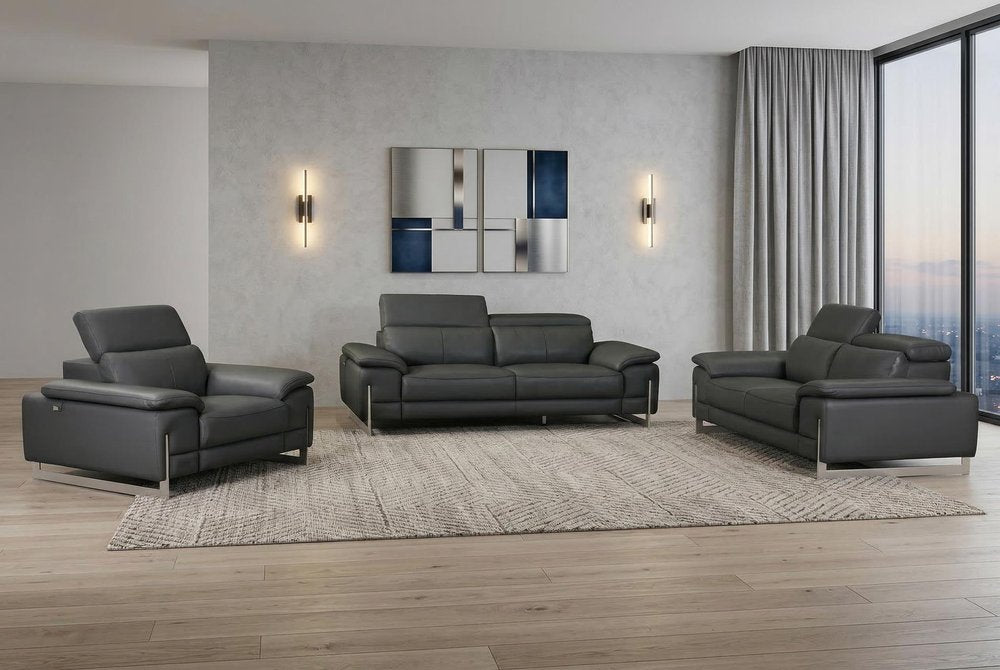 Three Piece Indoor Dark Gray Italian Leather Six Person Seating Set HomeRoots