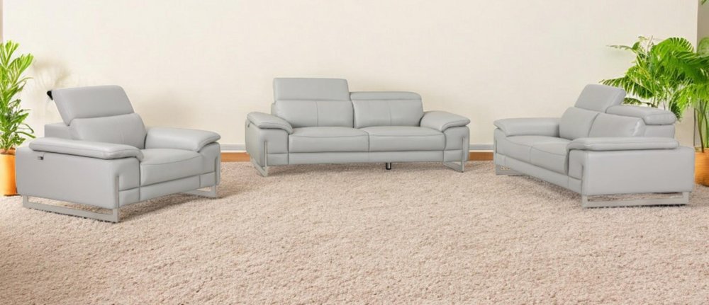 Three Piece Indoor Light Gray Italian Leather Six Person Seating Set HomeRoots