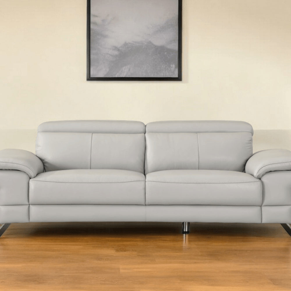 87" Light Gray Italian Leather Sofa With Silver Legs HomeRoots