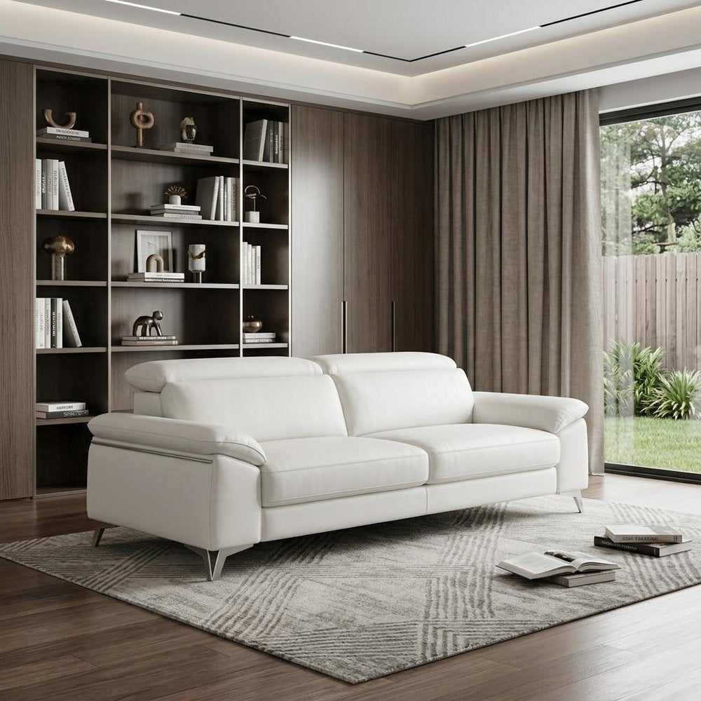 87" White Italian Leather Sofa With Silver Legs HomeRoots