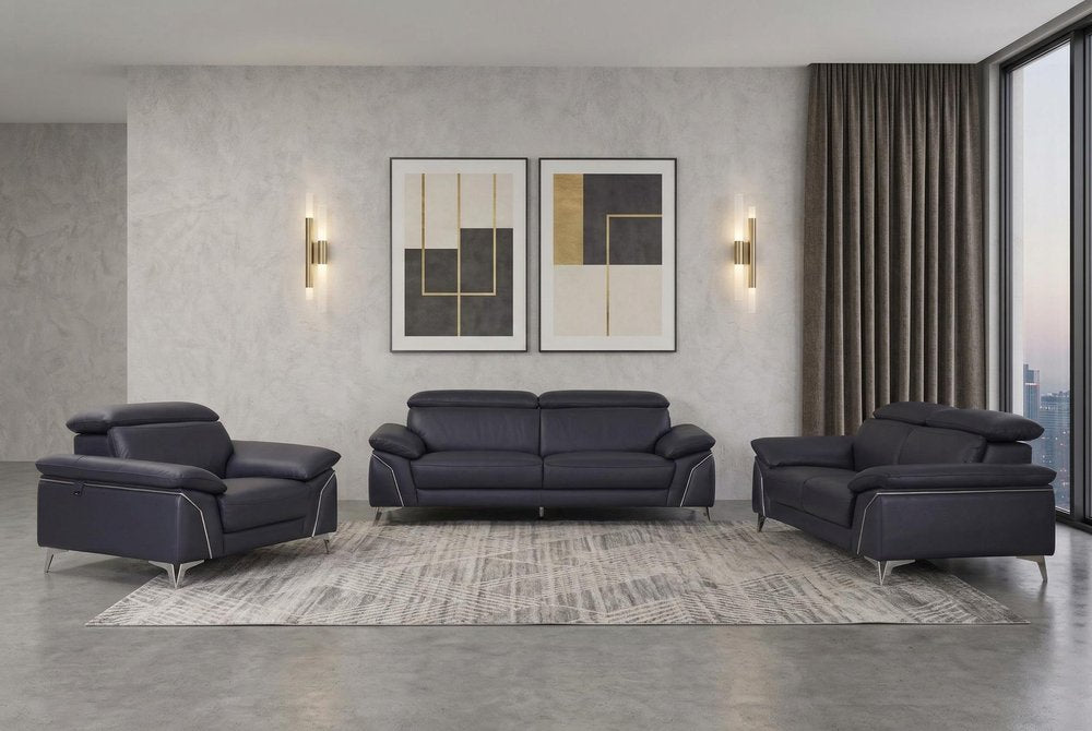 Three Piece Indoor Blue Italian Leather Six Person Seating Set HomeRoots