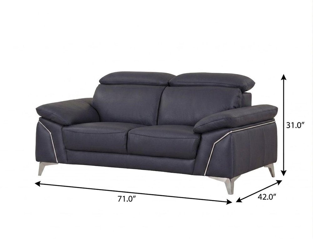 71" Navy Blue And Silver Genuine Leather Loveseat HomeRoots