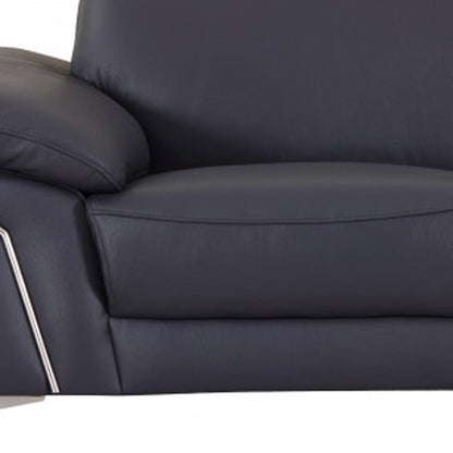 71" Navy Blue And Silver Genuine Leather Loveseat HomeRoots