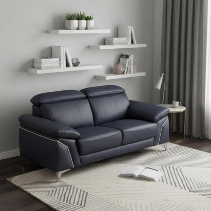 71" Navy Blue And Silver Genuine Leather Loveseat HomeRoots