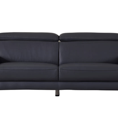87" Blue Italian Leather Sofa With Silver Legs HomeRoots