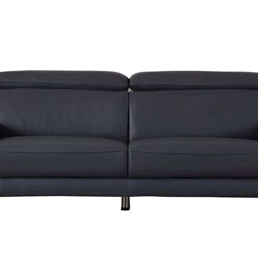 87" Blue Italian Leather Sofa With Silver Legs HomeRoots