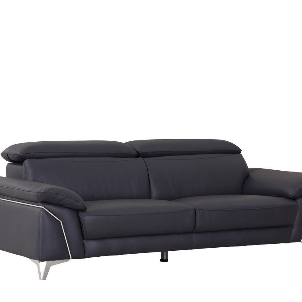 87" Blue Italian Leather Sofa With Silver Legs HomeRoots