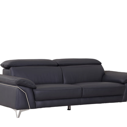 87" Blue Italian Leather Sofa With Silver Legs HomeRoots