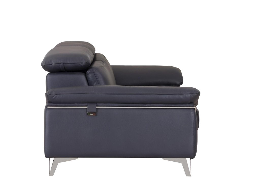 87" Blue Italian Leather Sofa With Silver Legs HomeRoots