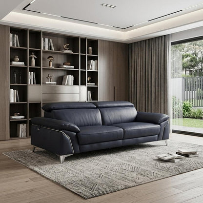 87" Blue Italian Leather Sofa With Silver Legs HomeRoots