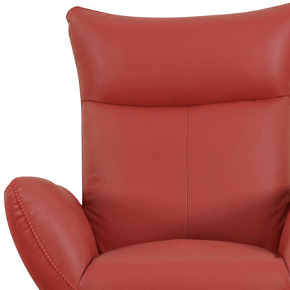 37" Red And Silver Genuine Leather Swivel Lounge Chair HomeRoots