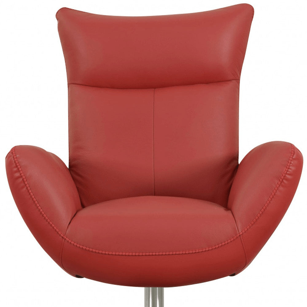 37" Red And Silver Genuine Leather Swivel Lounge Chair HomeRoots