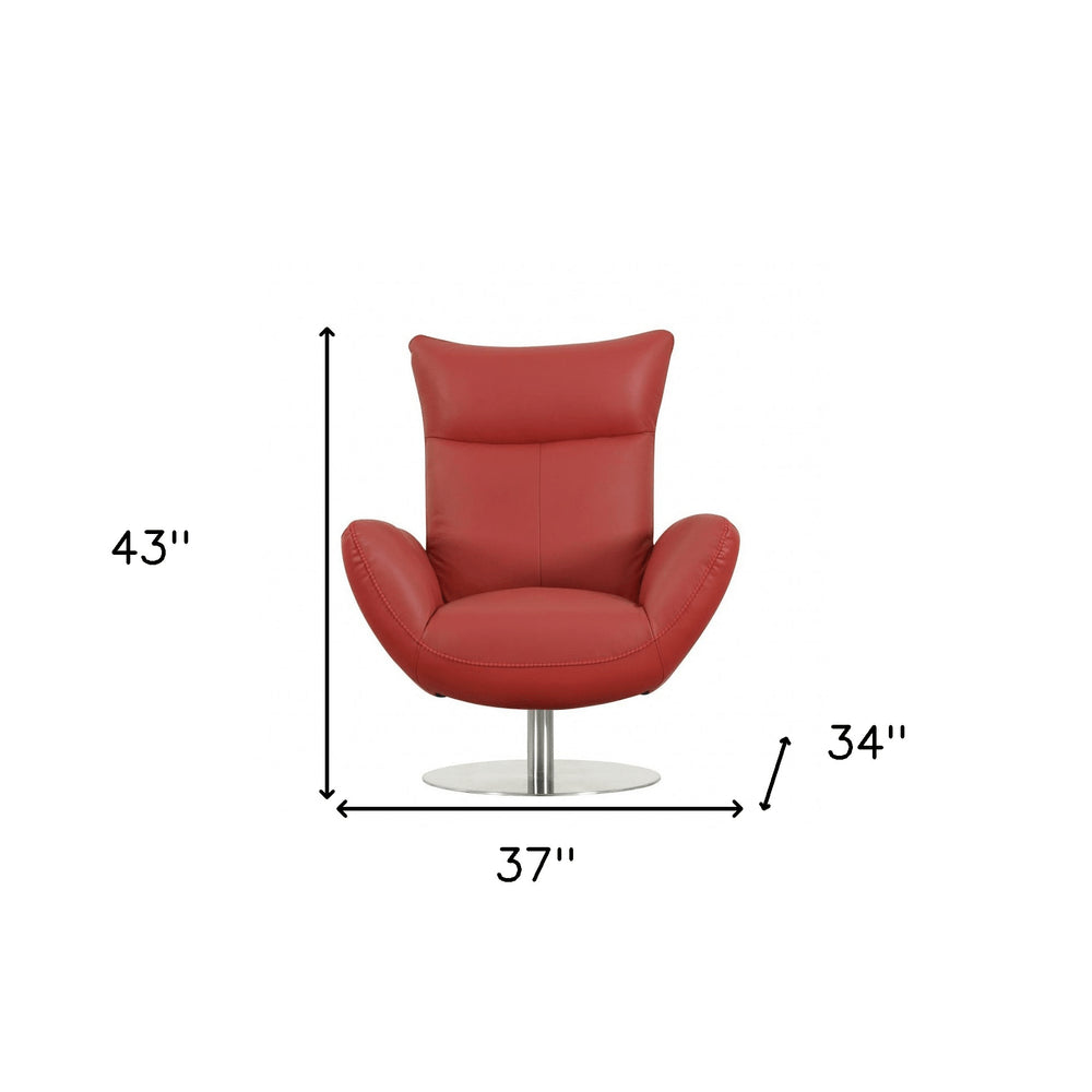 37" Red And Silver Genuine Leather Swivel Lounge Chair HomeRoots