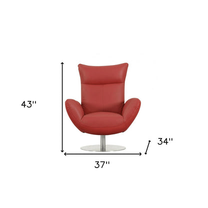37" Red And Silver Genuine Leather Swivel Lounge Chair HomeRoots
