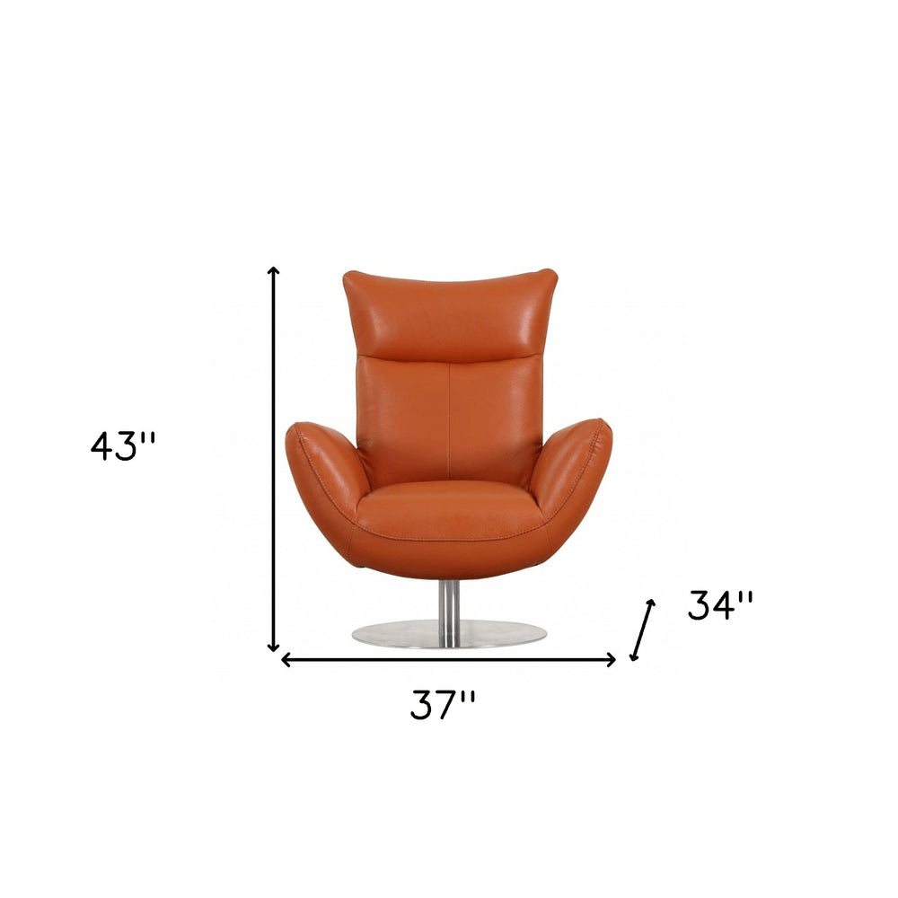 37" Orange And Silver Genuine Leather Lounge Chair HomeRoots