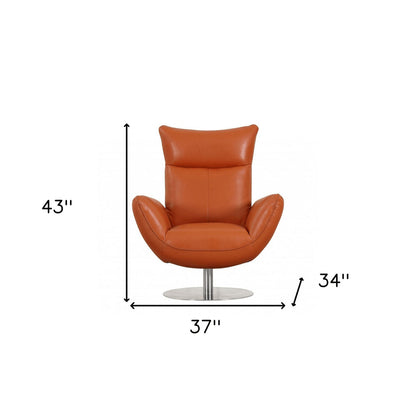 37" Orange And Silver Genuine Leather Lounge Chair HomeRoots