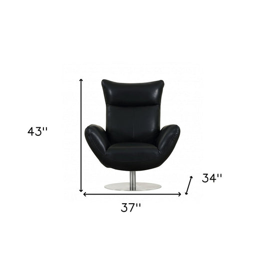 37" Black And Silver Genuine Leather Lounge Chair HomeRoots