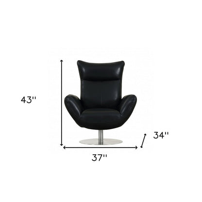 37" Black And Silver Genuine Leather Lounge Chair HomeRoots
