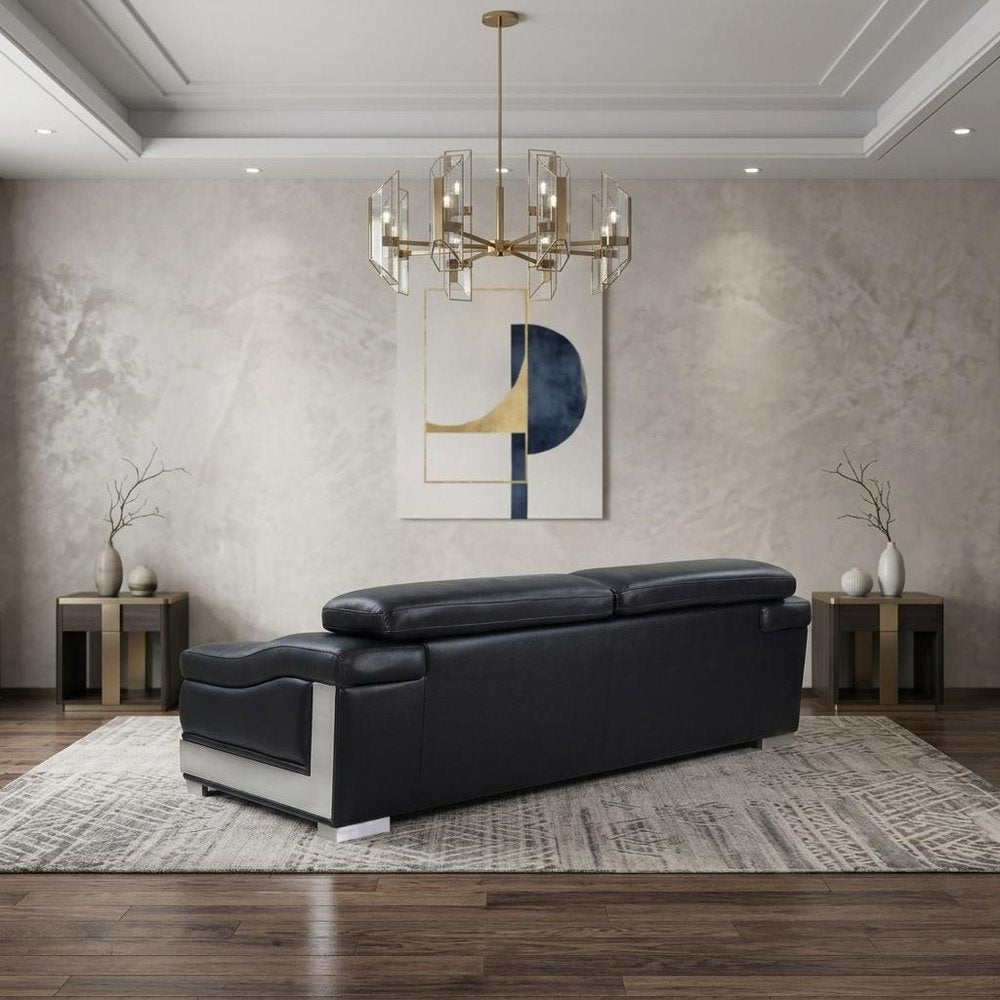 92" Black Italian Leather Sofa With Silver Legs HomeRoots
