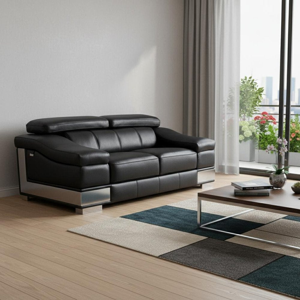73" Black And Silver Genuine Leather Love Seat HomeRoots