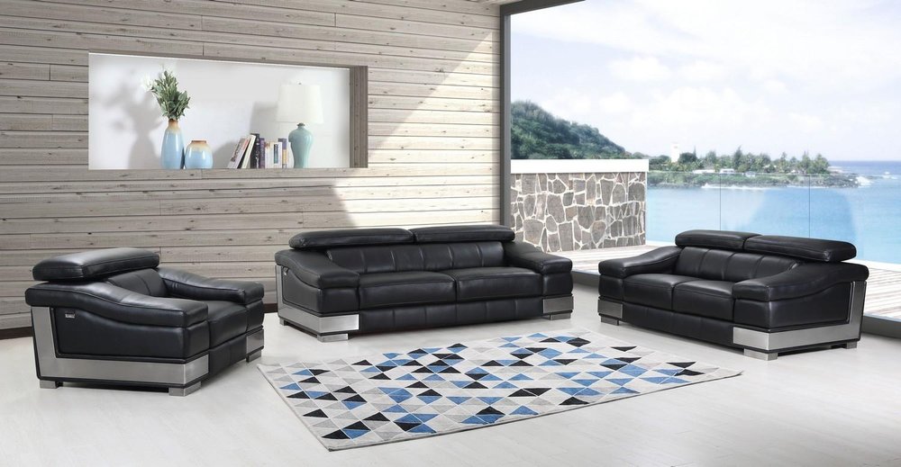 Three Piece Indoor Black Italian Leather Six Person Seating Set HomeRoots