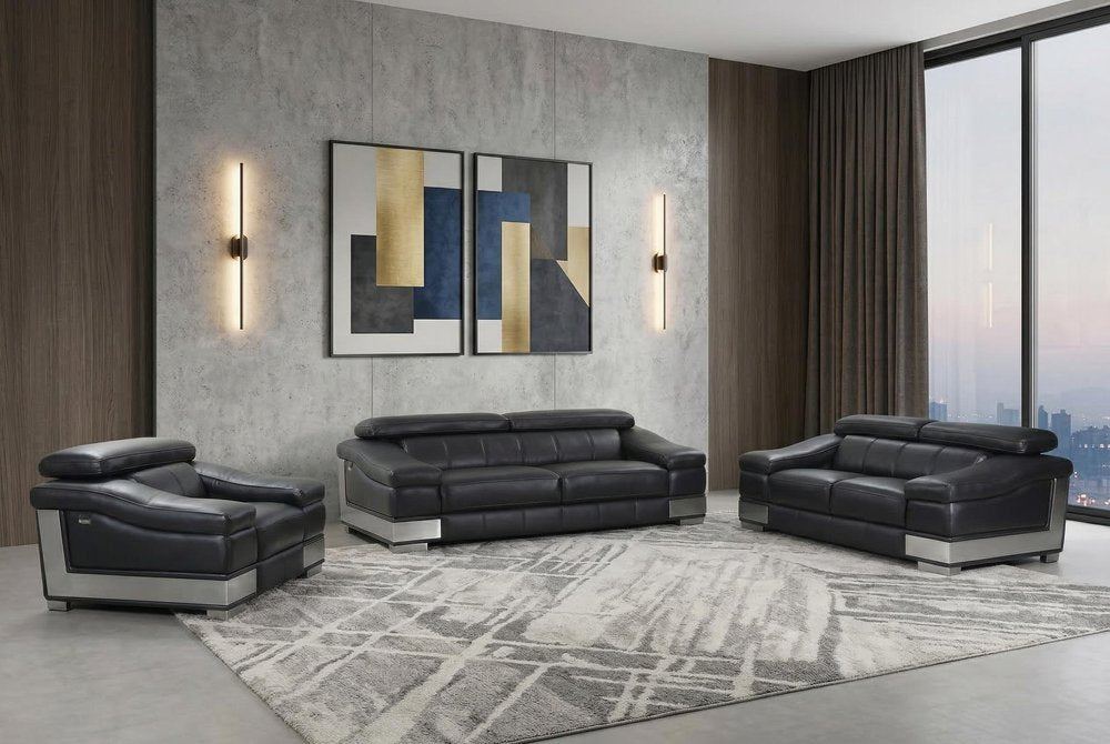 Three Piece Indoor Black Italian Leather Six Person Seating Set HomeRoots