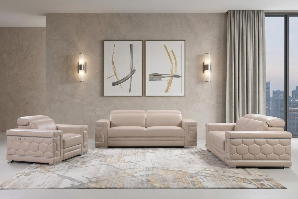 Three Piece Indoor Beige Italian Leather Six Person Seating Set HomeRoots