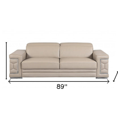89" Beige Italian Leather Sofa With Silver Legs HomeRoots