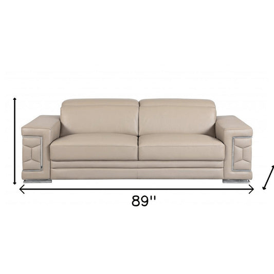 89" Beige Italian Leather Sofa With Silver Legs HomeRoots